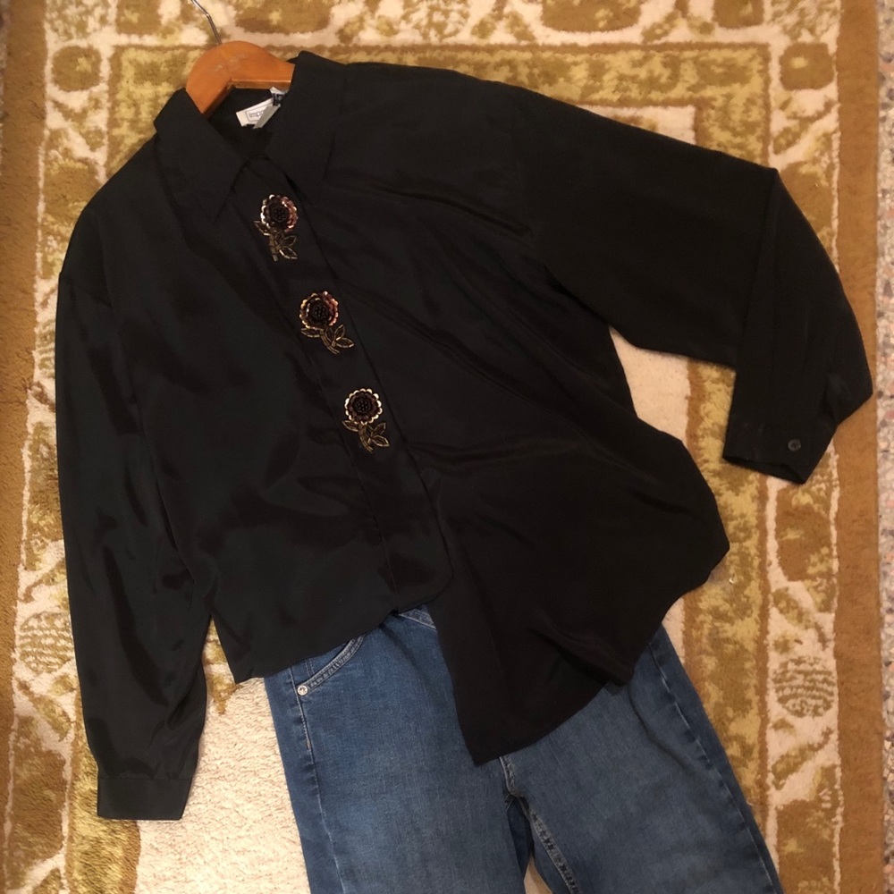 Vintage Black Blouse Shirt Top With Sequin Details